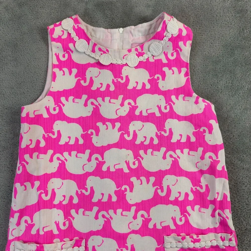 Lilly Pulitzer Dress Girls 8 Pink Tusk in Sun Elephant Lace Shift Hem Bow Preppy